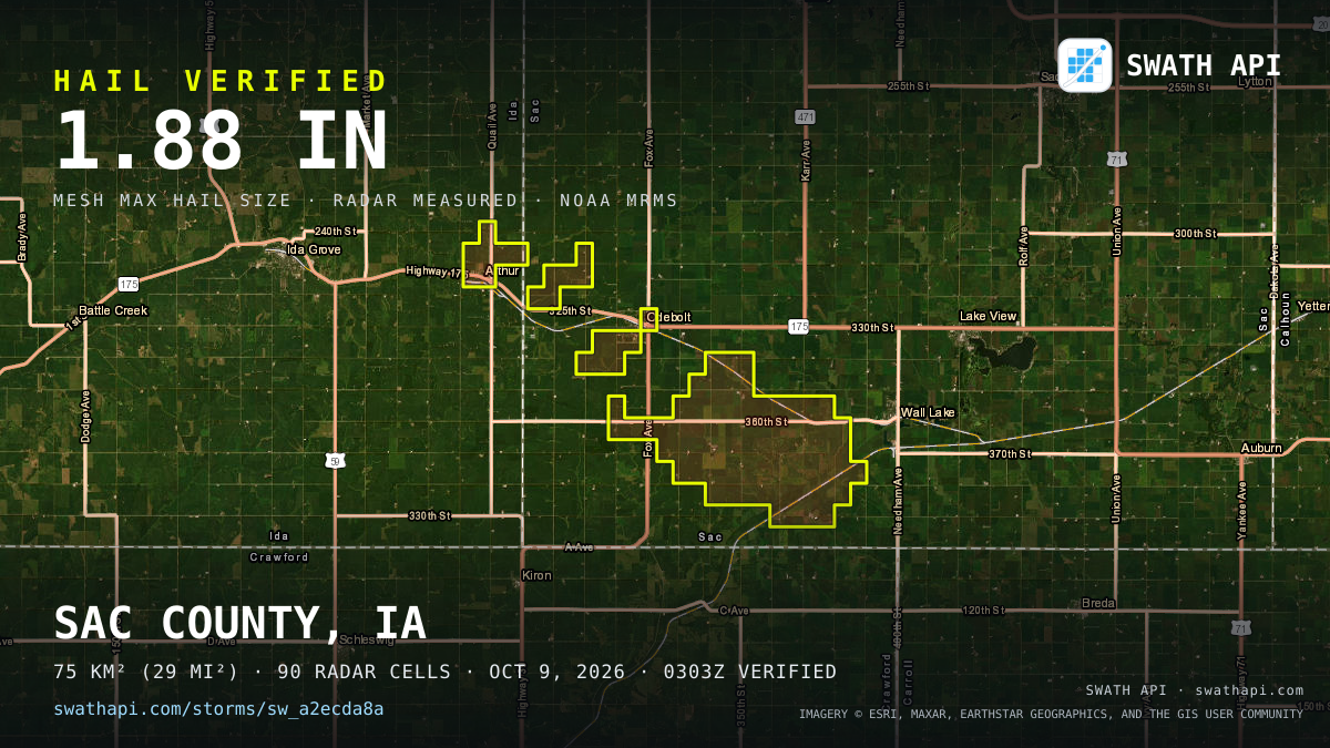Storm card: 1.2–2" hail crossed Sac County, IA — October 9, 2026
