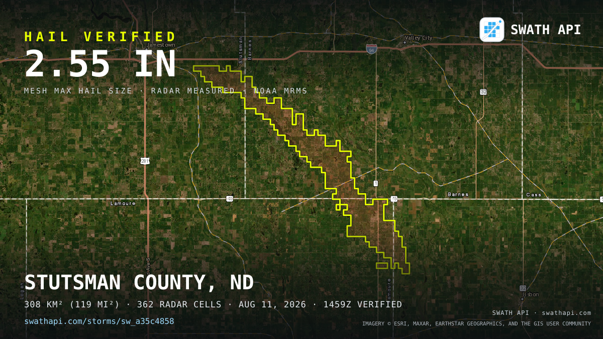 Storm card: 1.2–2.6" hail crossed Barnes County, ND — August 11, 2026