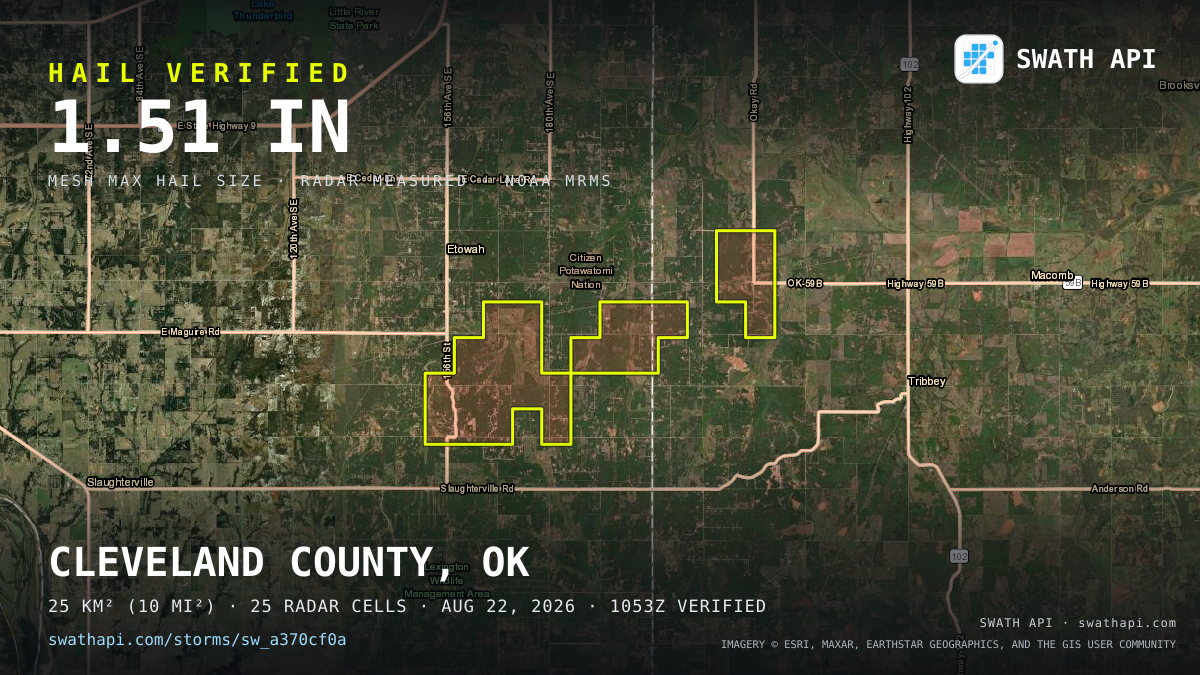 Storm card: 1.2–1.5" hail crossed Cleveland County, OK — August 22, 2026