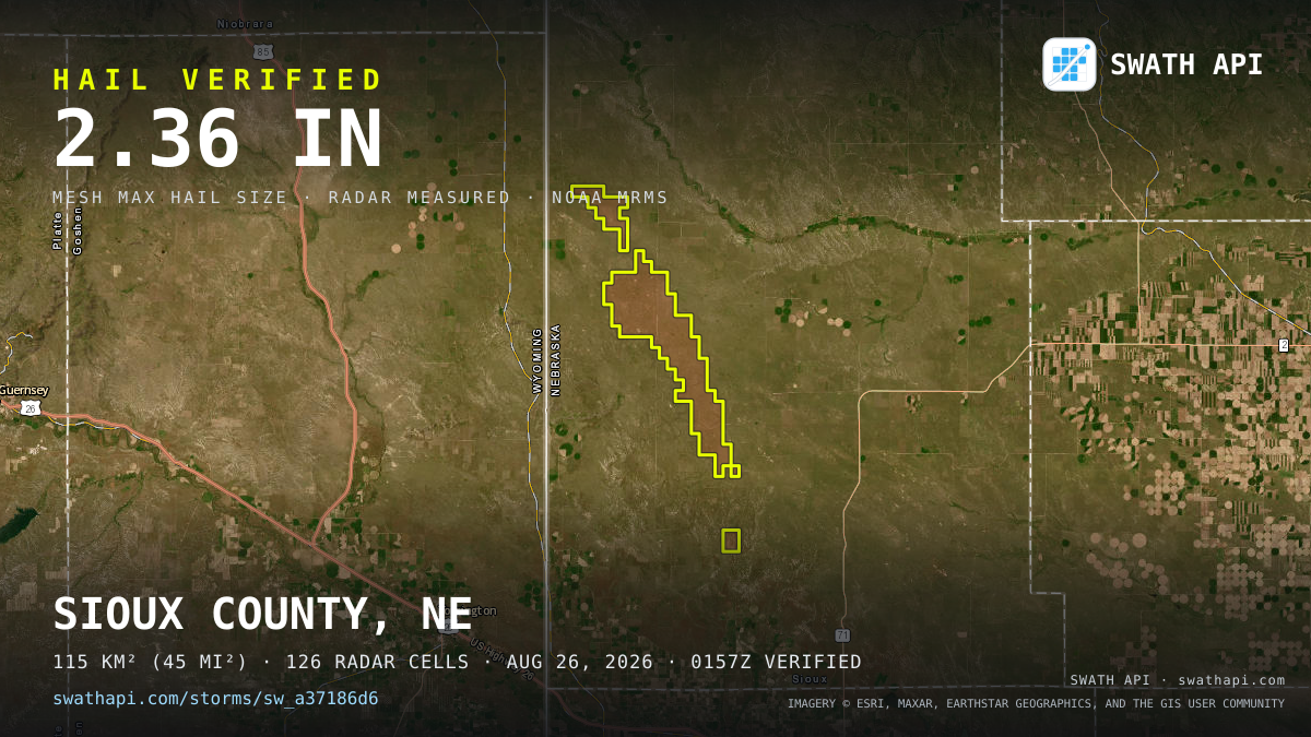 Storm card: 1–2.4" hail crossed Sioux County, NE — August 26, 2026