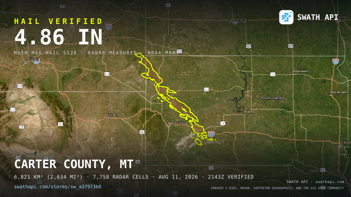 Storm card: 1.1–4.9" hail crossed Butte County, SD — August 11, 2026