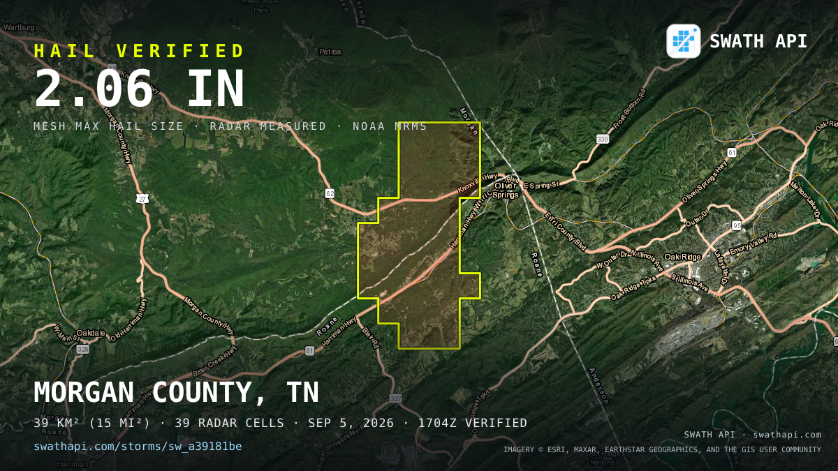 Storm card: 1.3–2.1" hail crossed Morgan County, TN — September 5, 2026