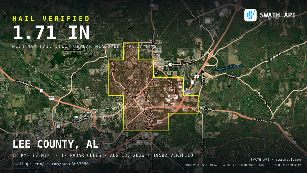 Storm card: 1.2–1.7" hail crossed Lee County, AL — August 13, 2026