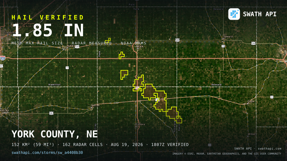 Storm card: 1.2–1.9" hail crossed Fillmore County, NE — August 19, 2026