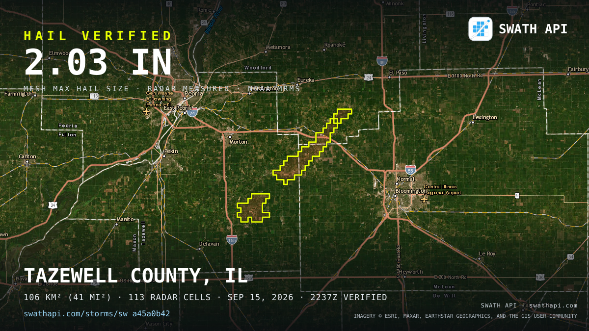 Storm card: 1.1–2" hail crossed Tazewell County, IL — September 15, 2026