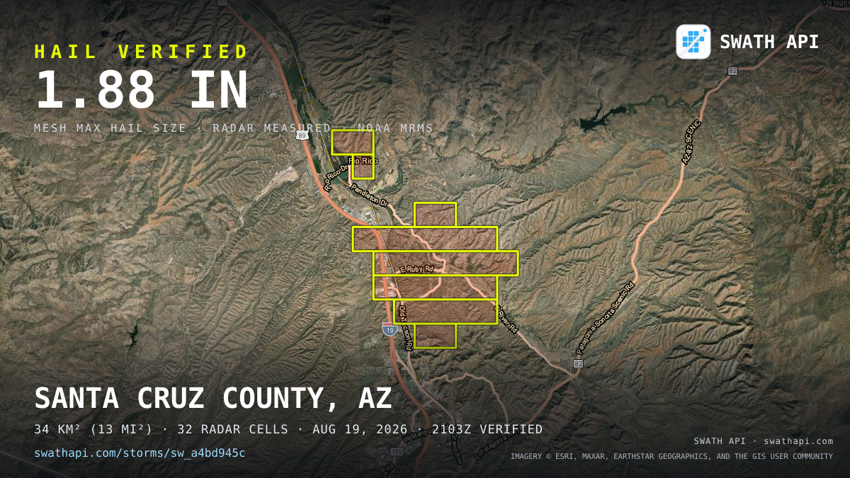 Storm card: 1.3–1.9" hail crossed Santa Cruz County, AZ — August 19, 2026