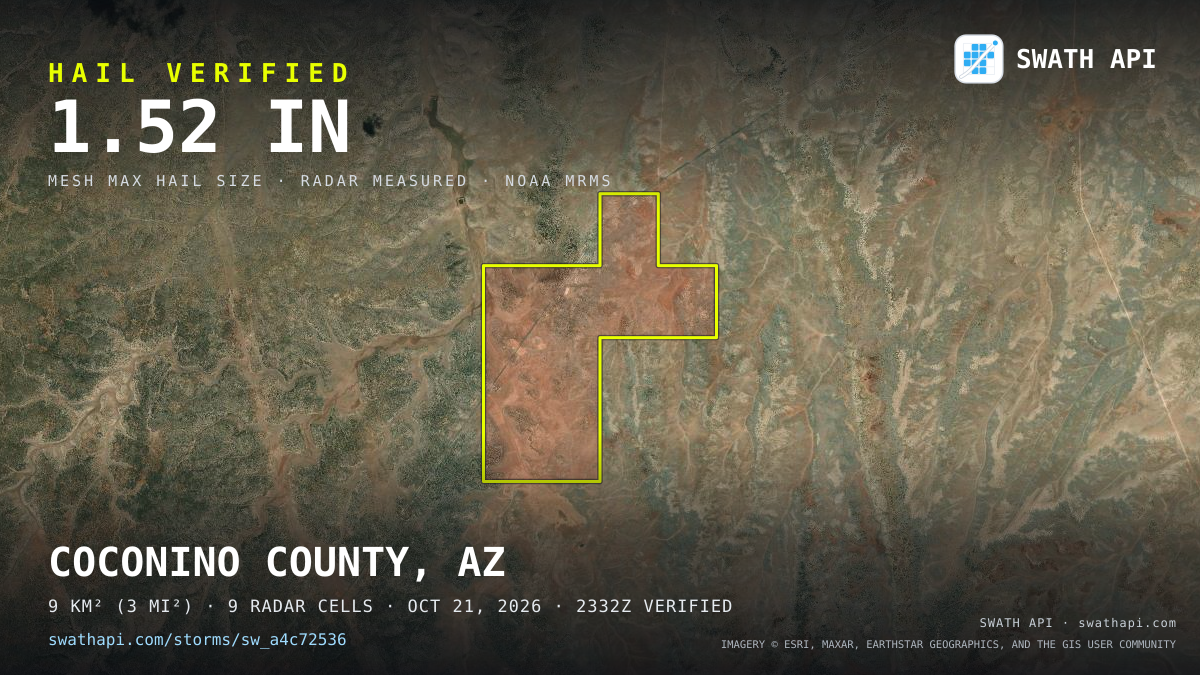Storm card: 1.1–1.5" hail crossed Coconino County, AZ — October 21, 2026