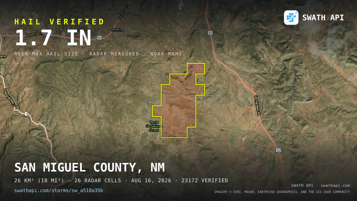 Storm card: 1.2–1.7" hail crossed San Miguel County, NM — August 16, 2026