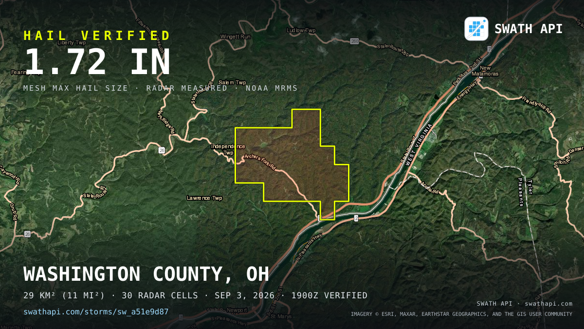 Storm card: 1.2–1.7" hail crossed Washington County, OH — September 3, 2026