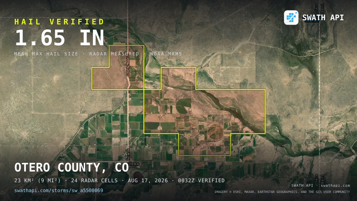 Storm card: 1.2–1.7" hail crossed Otero County, CO — August 17, 2026
