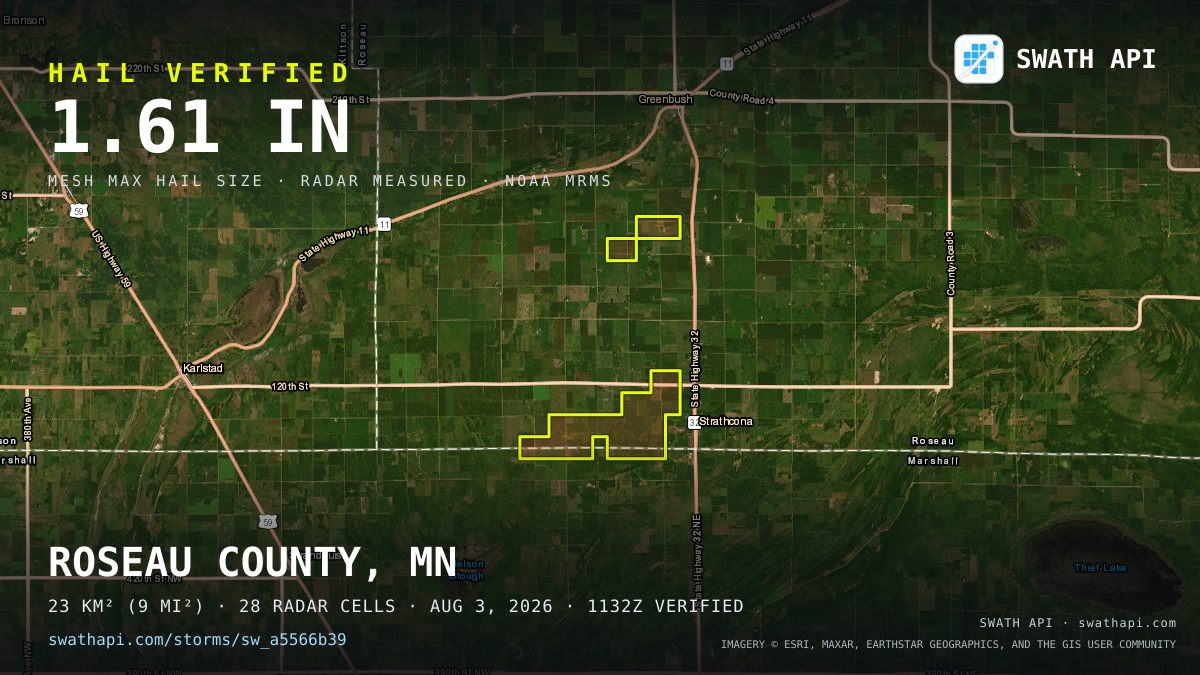 Storm card: 1.1–1.6" hail crossed Roseau County, MN — August 3, 2026