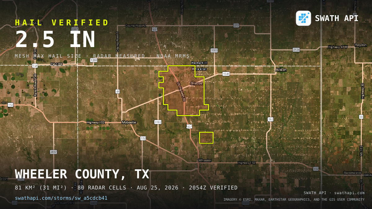 Storm card: 1.1–2.5" hail crossed Wheeler County, TX — August 25, 2026