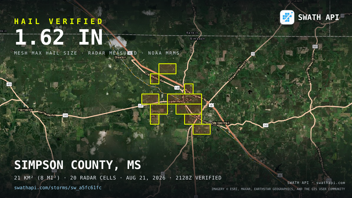Storm card: 1.2–1.6" hail crossed Simpson County, MS — August 21, 2026