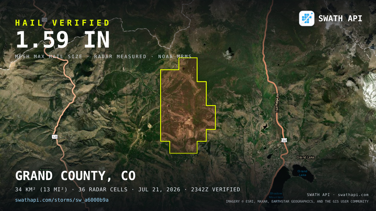 Storm card: 1.2–1.6" hail crossed Grand County, CO — July 21, 2026