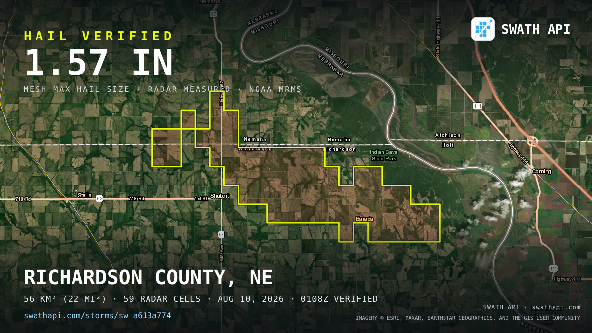 Storm card: 1.1–1.6" hail crossed Richardson County, NE — August 10, 2026