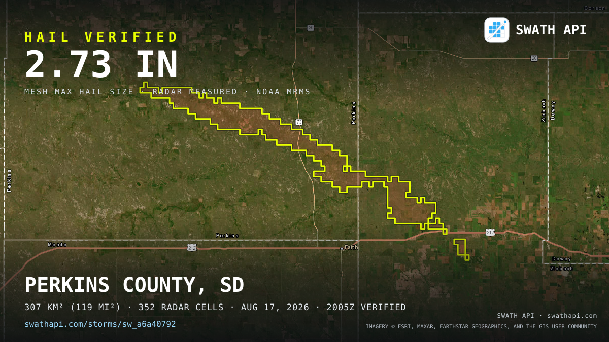Storm card: 1.1–2.7" hail crossed Perkins County, SD — August 17, 2026