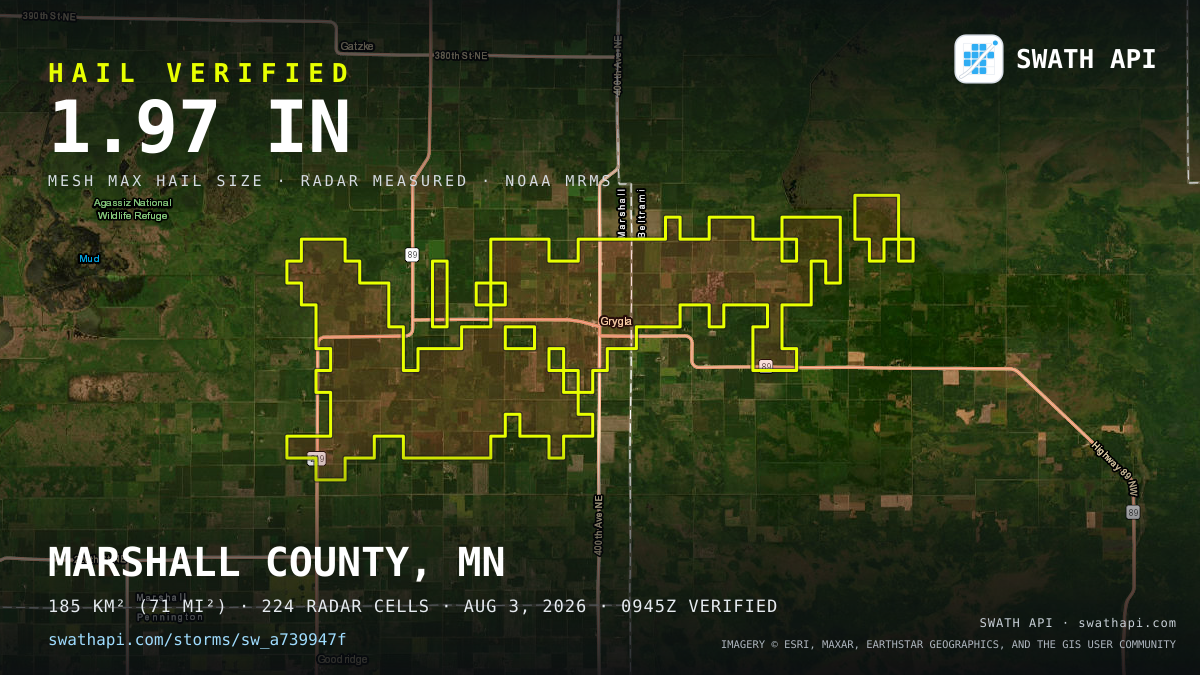 Storm card: 1.2–2" hail crossed Marshall County, MN — August 3, 2026