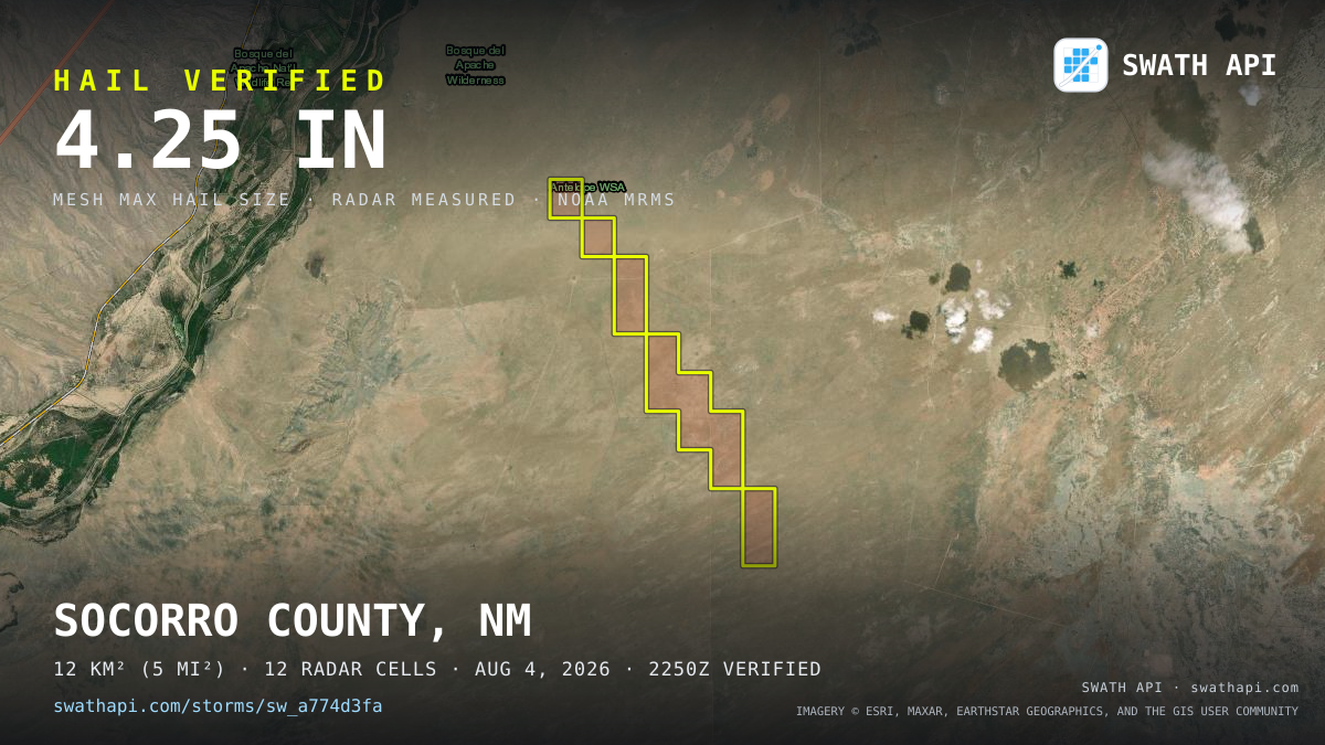 Storm card: 2.3–4.3" hail crossed Socorro County, NM — August 4, 2026