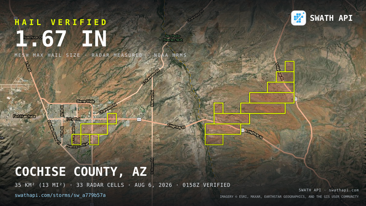 Storm card: 1.1–1.7" hail crossed Cochise County, AZ — August 6, 2026