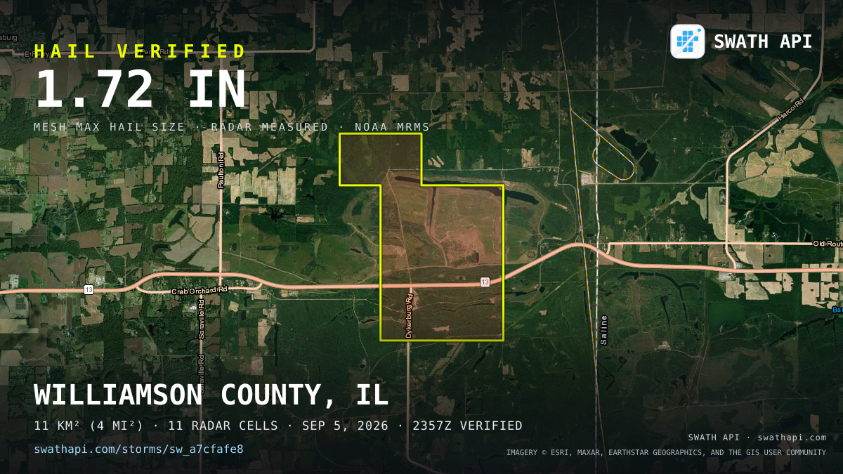 Storm card: 1.3–1.7" hail crossed Williamson County, IL — September 5, 2026