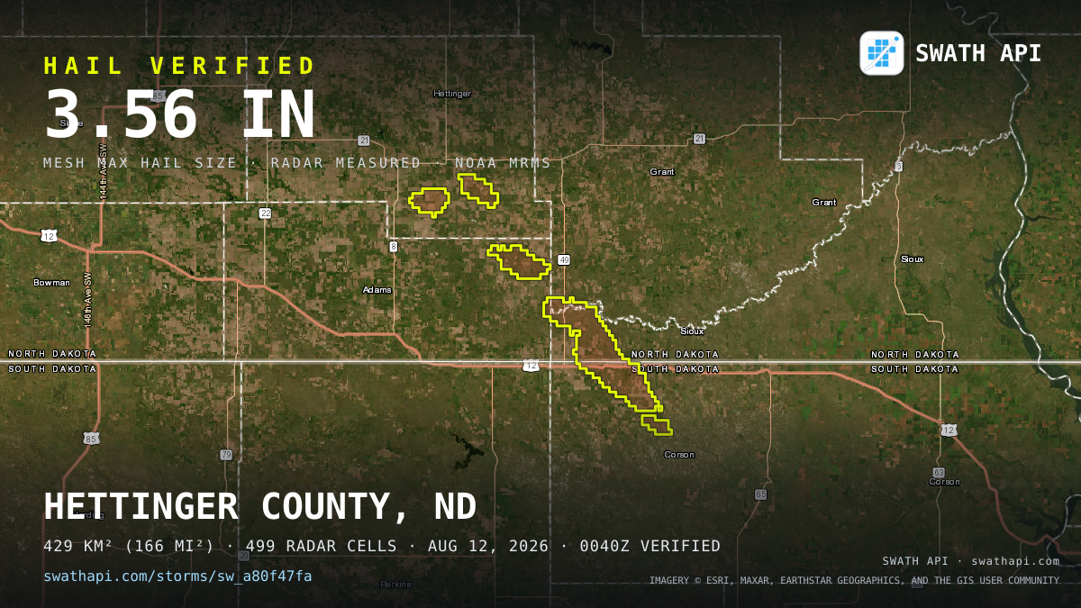 Storm card: 1.3–3.6" hail crossed Sioux County, ND — August 12, 2026