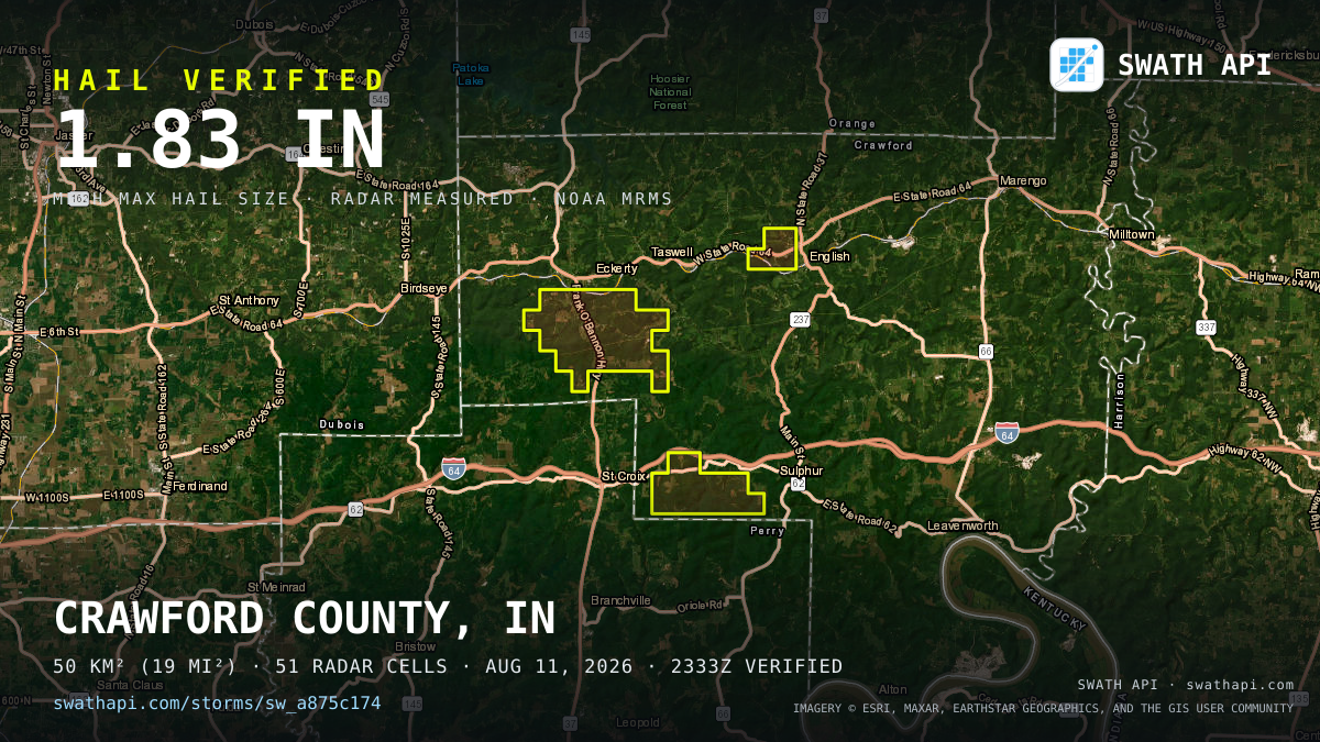 Storm card: 1.2–1.8" hail crossed Crawford County, IN — August 11, 2026