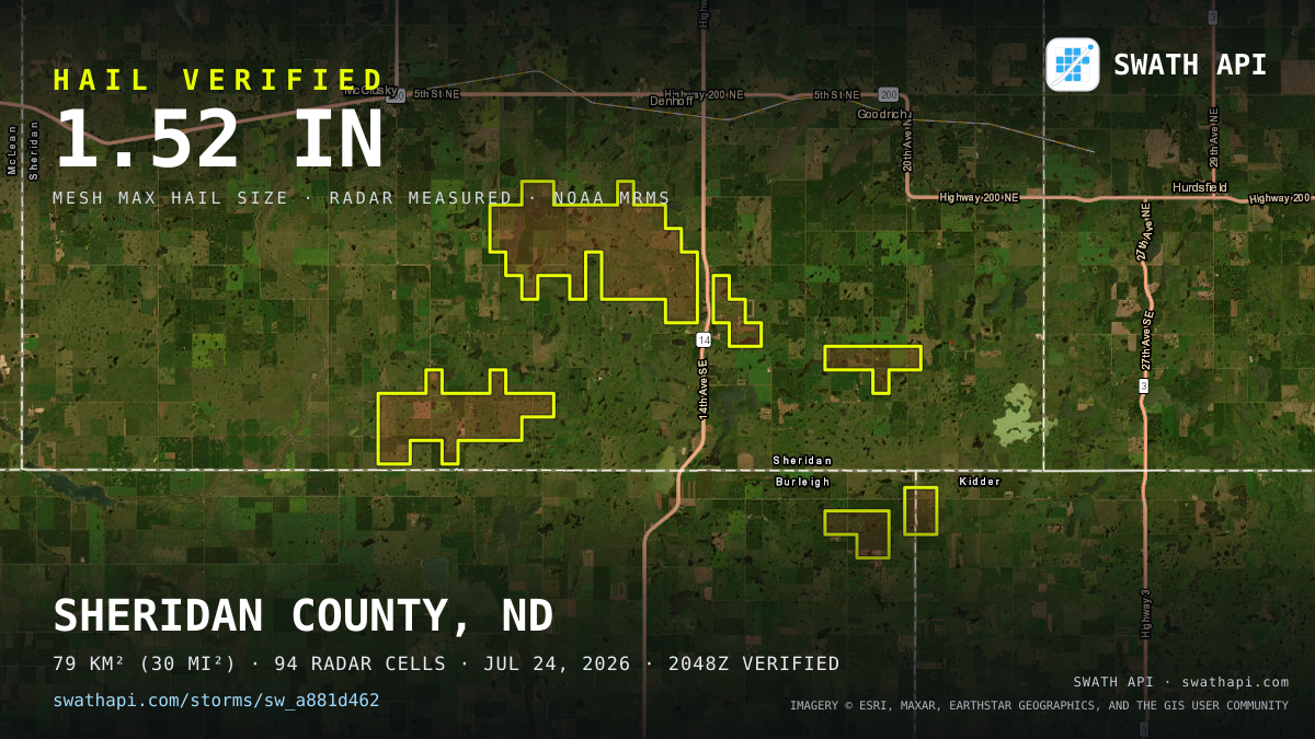 Storm card: 1.2–1.5" hail crossed Sheridan County, ND — July 24, 2026