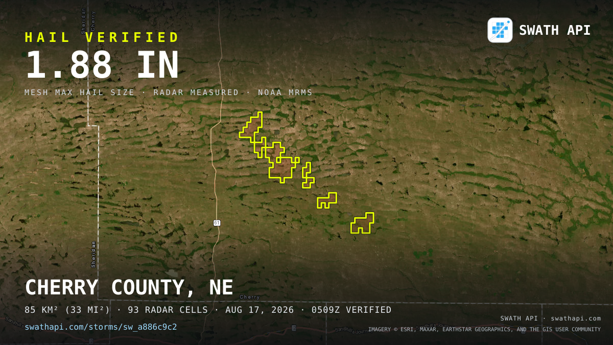 Storm card: 1.1–1.9" hail crossed Cherry County, NE — August 17, 2026