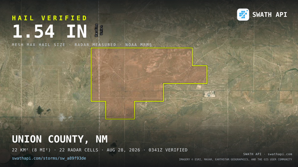 Storm card: 1.2–1.5" hail crossed Union County, NM — August 28, 2026