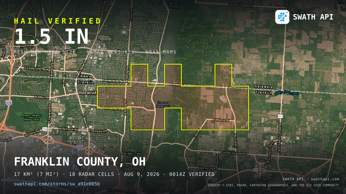 Storm card: 1.1–1.5" hail crossed Franklin County, OH — August 9, 2026