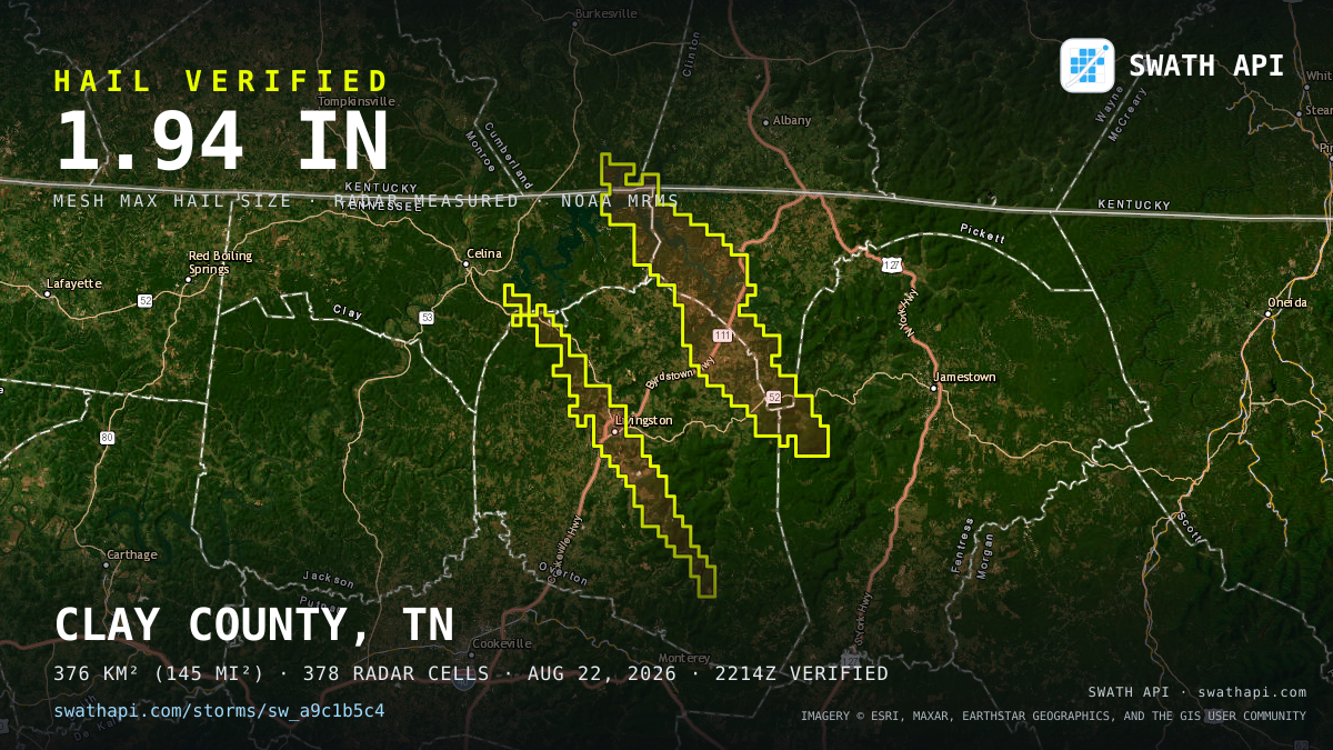 Storm card: 1.3–1.9" hail crossed Overton County, TN — August 22, 2026