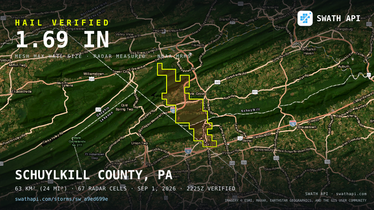 Storm card: 1.3–1.7" hail crossed Schuylkill County, PA — September 1, 2026