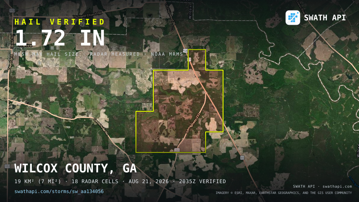 Storm card: 1.2–1.7" hail crossed Wilcox County, GA — August 21, 2026