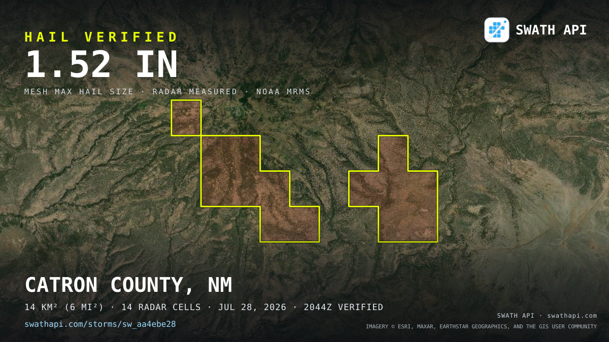 Storm card: 1.1–1.5" hail crossed Catron County, NM — July 28, 2026