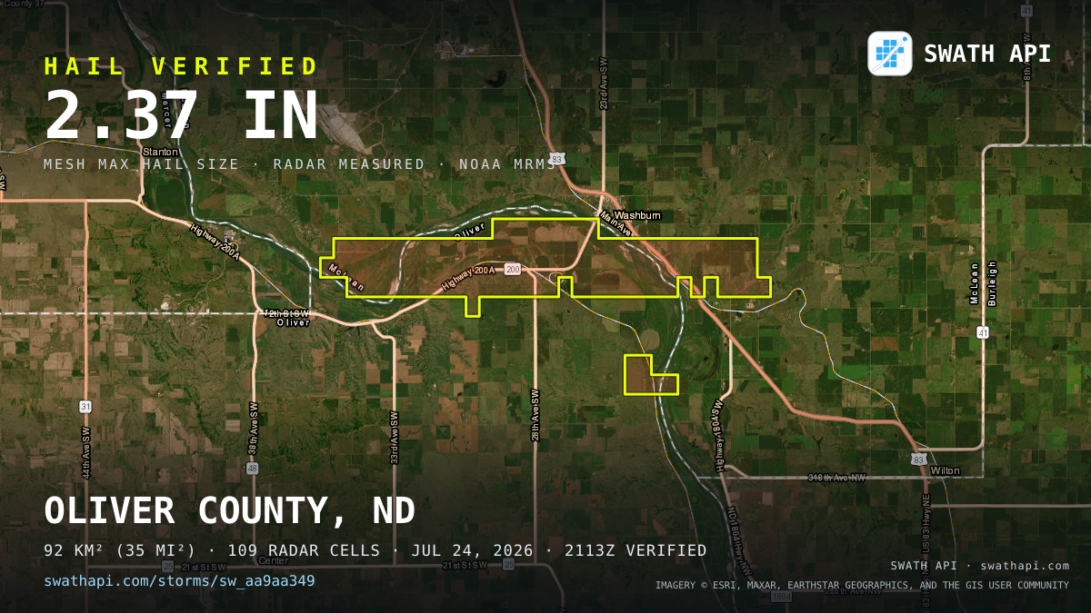 Storm card: 1.2–2.4" hail crossed Oliver County, ND — July 24, 2026