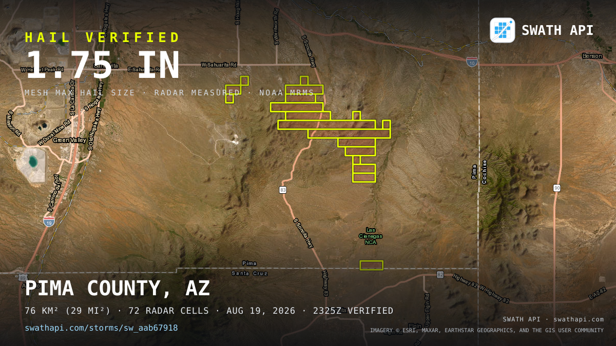 Storm card: 1.1–1.8" hail crossed Pima County, AZ — August 19, 2026