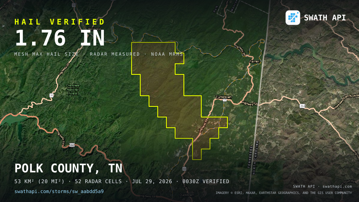Storm card: 1.1–1.8" hail crossed Polk County, TN — July 29, 2026
