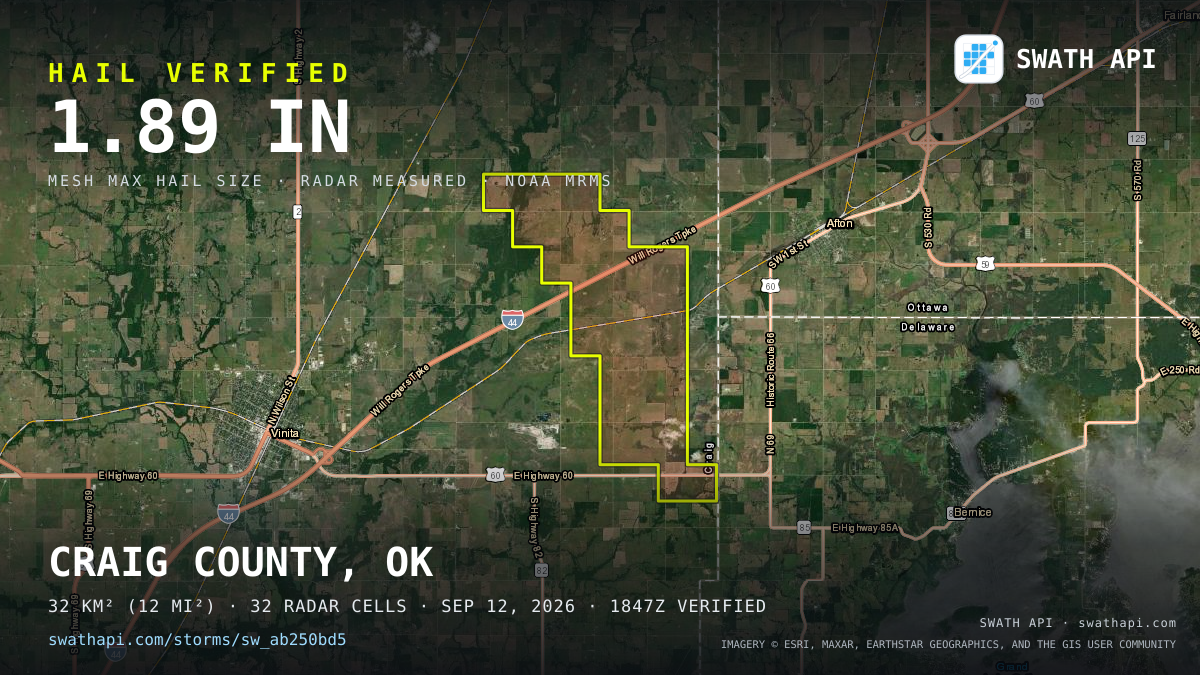 Storm card: 1.1–1.9" hail crossed Craig County, OK — September 12, 2026