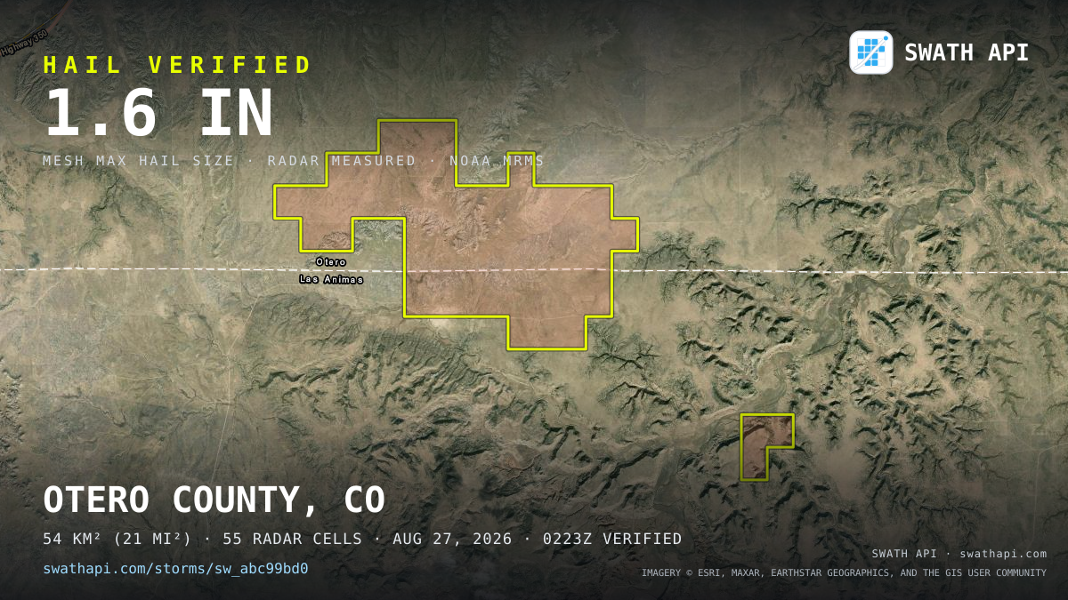Storm card: 1.2–1.6" hail crossed Otero County, CO — August 27, 2026