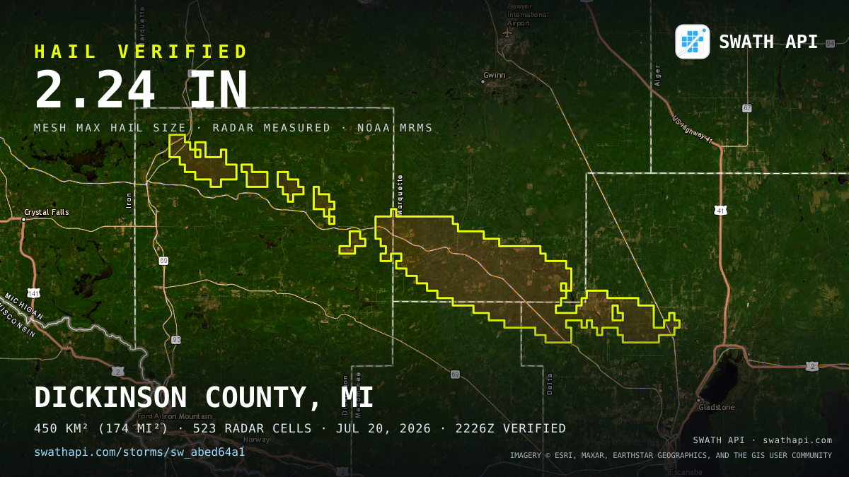 Storm card: 1.1–2.2" hail crossed Marquette County, MI — July 20, 2026