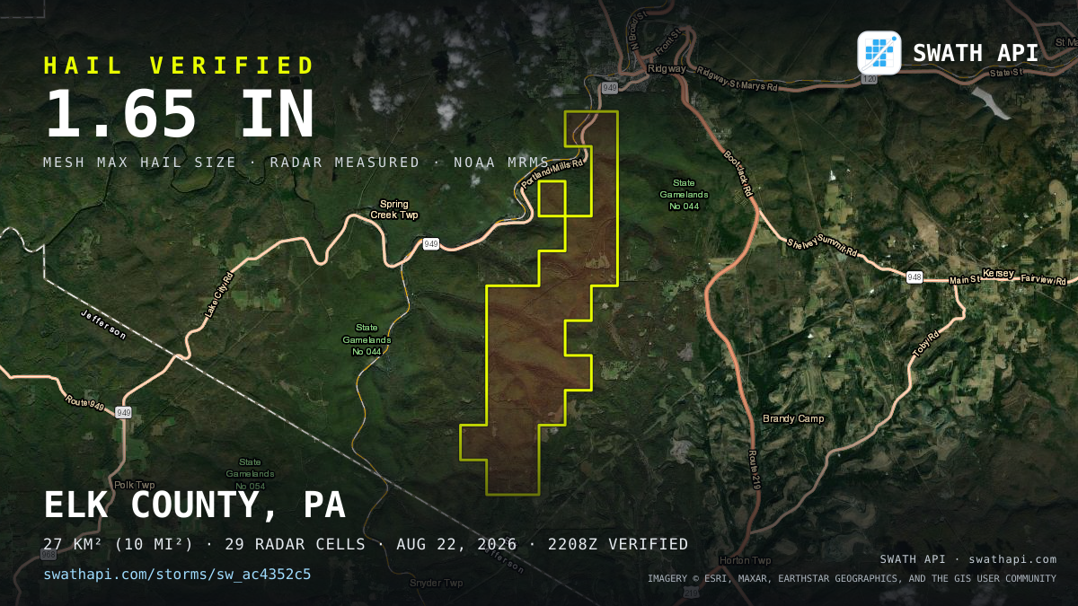 Storm card: 1.2–1.7" hail crossed Elk County, PA — August 22, 2026