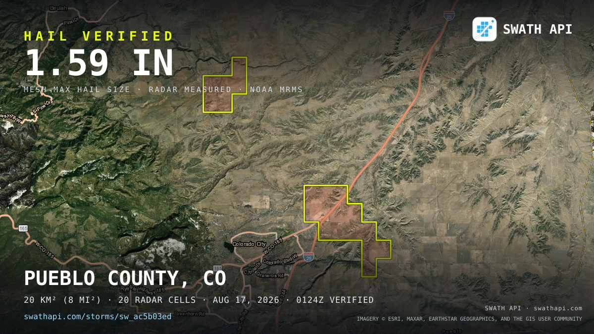 Storm card: 1.1–1.6" hail crossed Pueblo County, CO — August 17, 2026