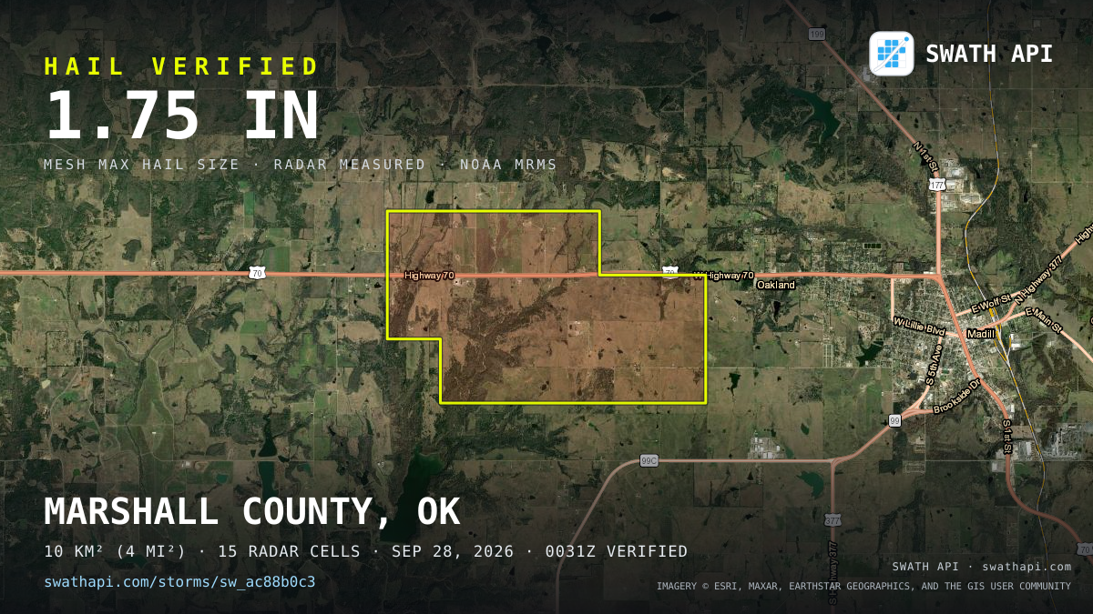 Storm card: 1.1–1.8" hail crossed Marshall County, OK — September 28, 2026