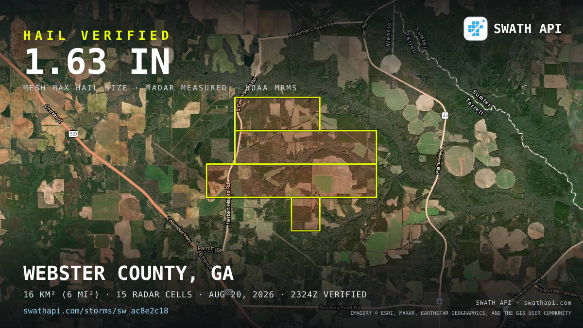 Storm card: 1.3–1.6" hail crossed Webster County, GA — August 20, 2026