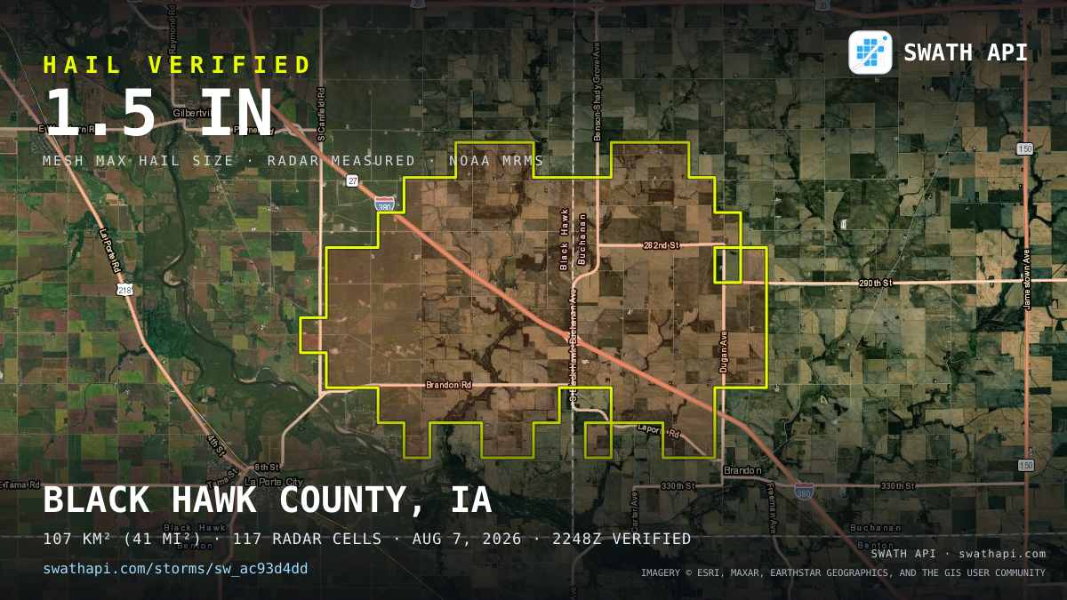 Storm card: 1.1–1.5" hail crossed Black Hawk County, IA — August 7, 2026