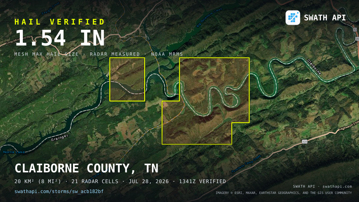Storm card: 1.1–1.5" hail crossed Grainger County, TN — July 28, 2026