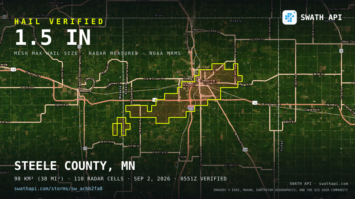 Storm card: 1.1–1.5" hail crossed Steele County, MN — September 2, 2026