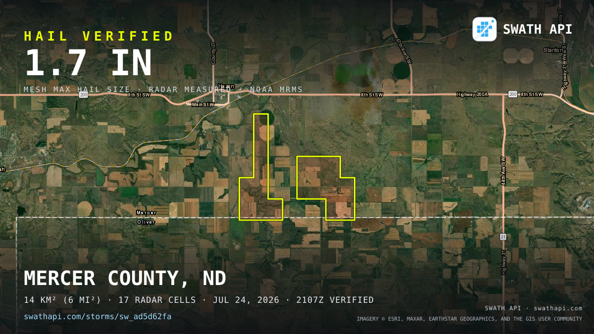 Storm card: 1.3–1.7" hail crossed Mercer County, ND — July 24, 2026