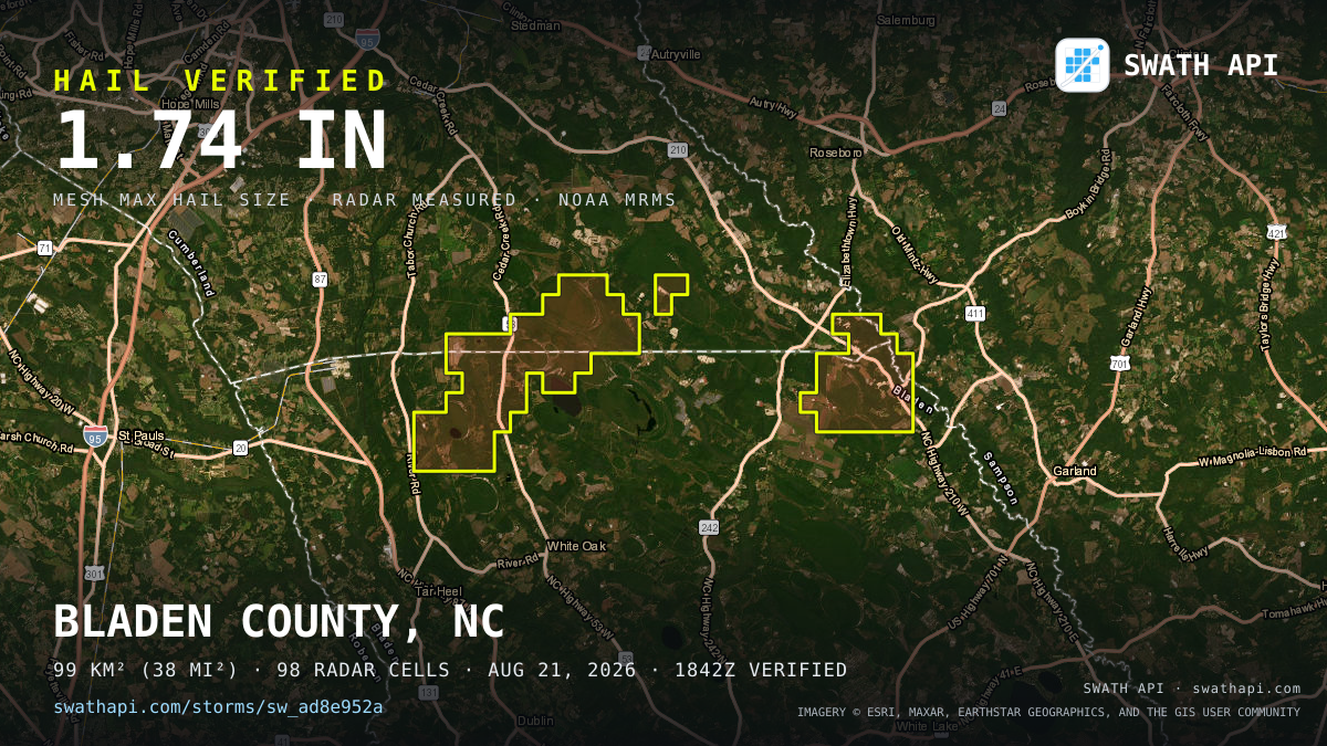 Storm card: 1.1–1.7" hail crossed Bladen County, NC — August 21, 2026