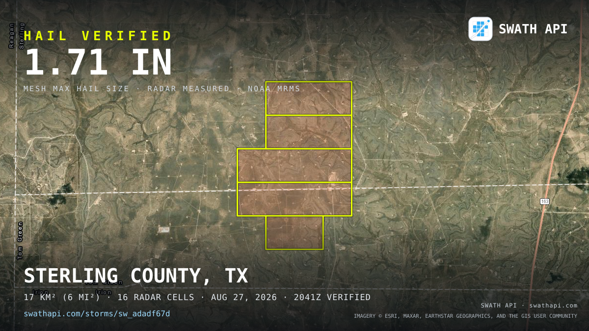 Storm card: 1.3–1.7" hail crossed Sterling County, TX — August 27, 2026